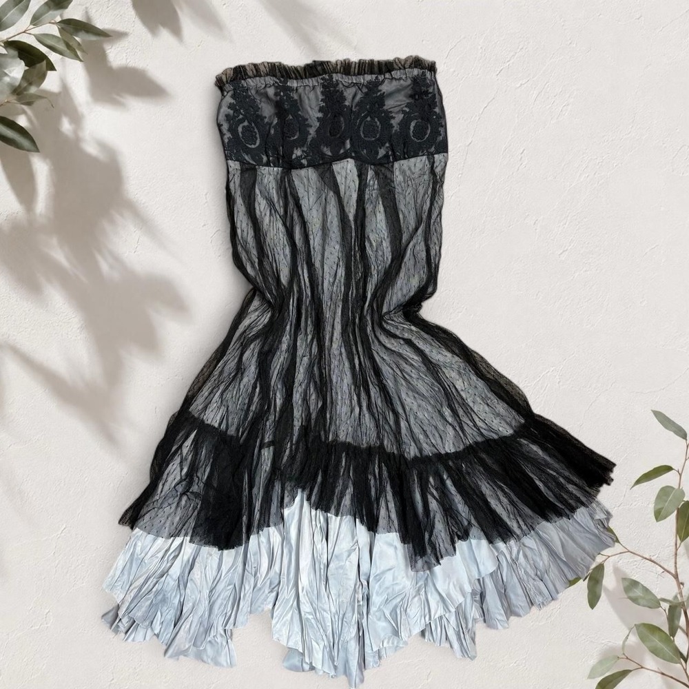 RYU Black Gray Mesh Strapless Lace Ruffle Fairycore Goth Dress Size S NEW
